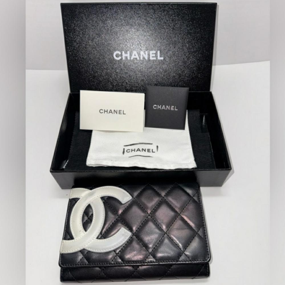 CHANEL Black Quilted Wallet with White Logo